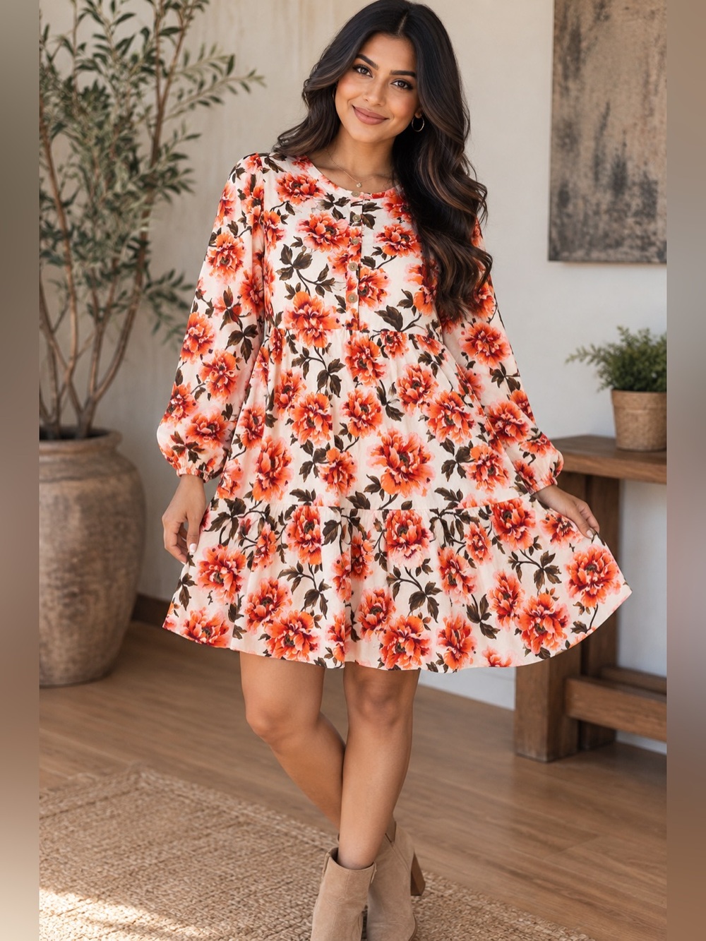 Old Navy Orange Floral Tiered Dress